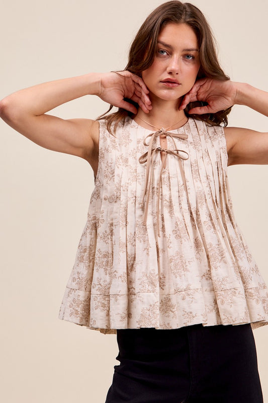 Floral Tie-Front Pleated Top