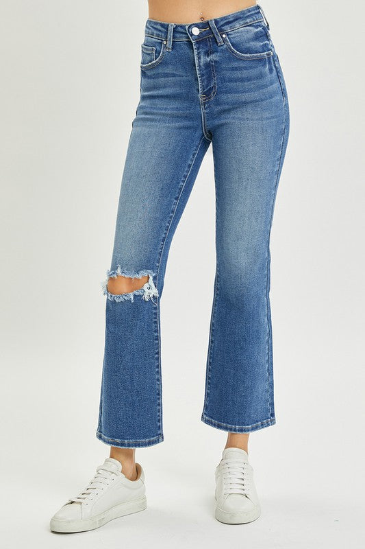 Flared Distressed Knee Risen Jeans