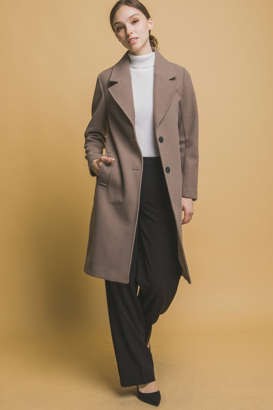 Notched Lapel Long Sleeve Buttoned Coat