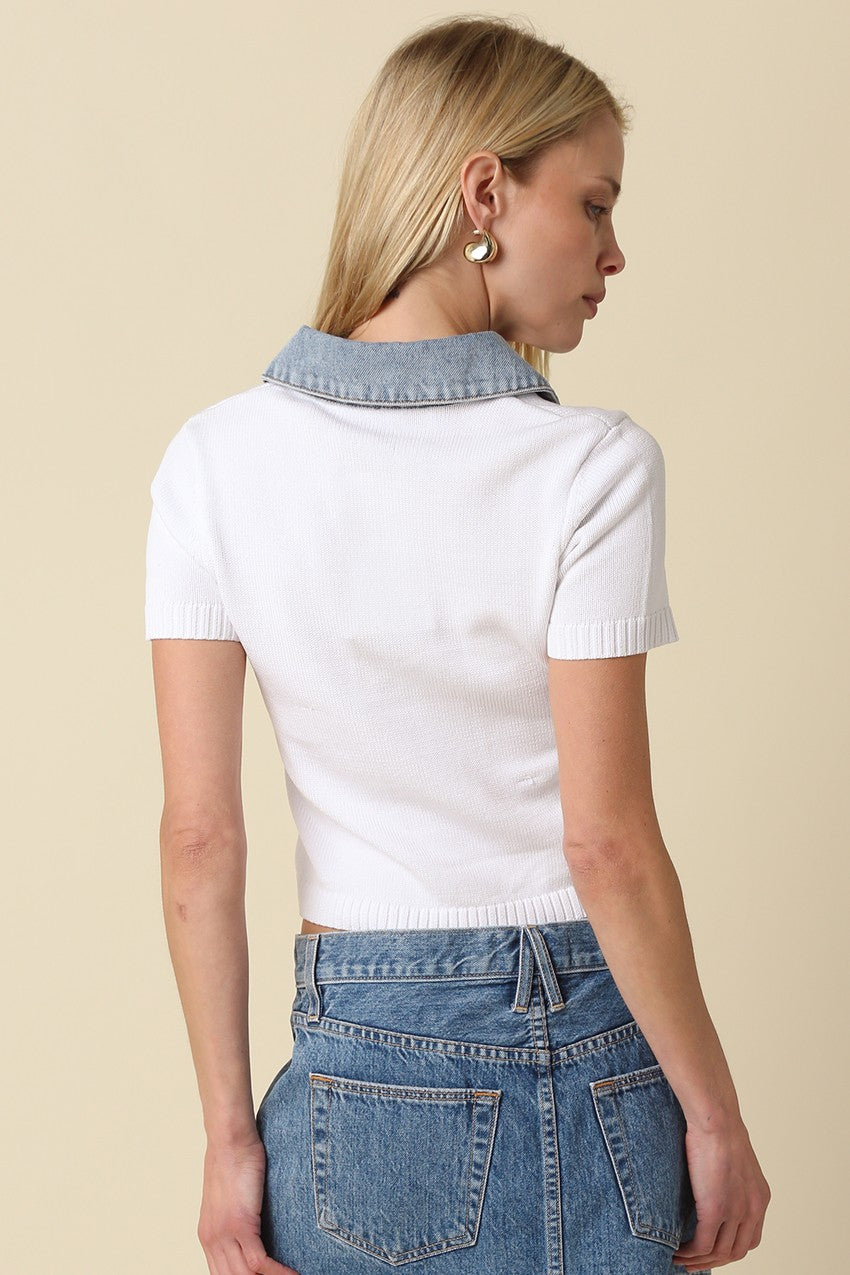 Denim Contrast Short Sleeve Top