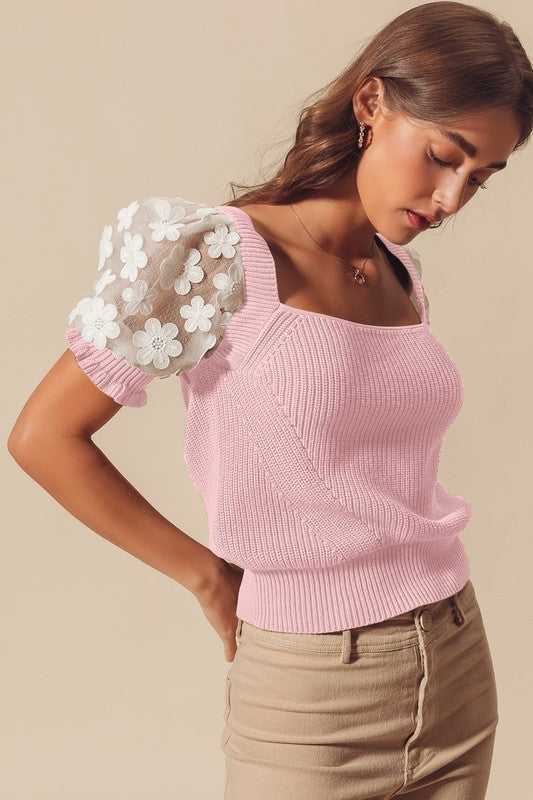 Floral Lace Puff Sleeve Knit Top