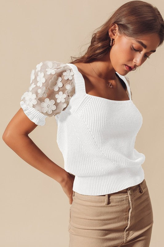 Floral Lace Puff Sleeve Knit Top