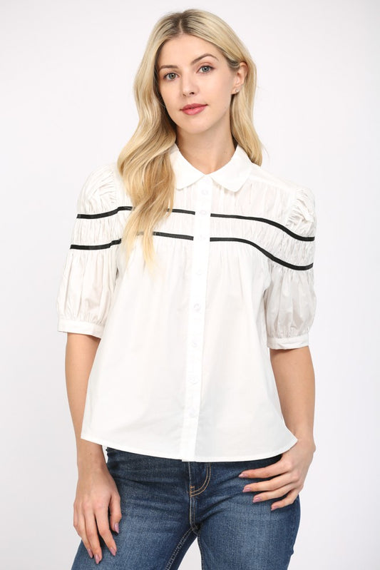 Contrast Shirred Short-Sleeve Top