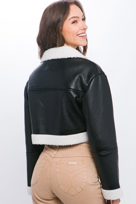 Cropped Shearling Vegan Faux Leather Jacket