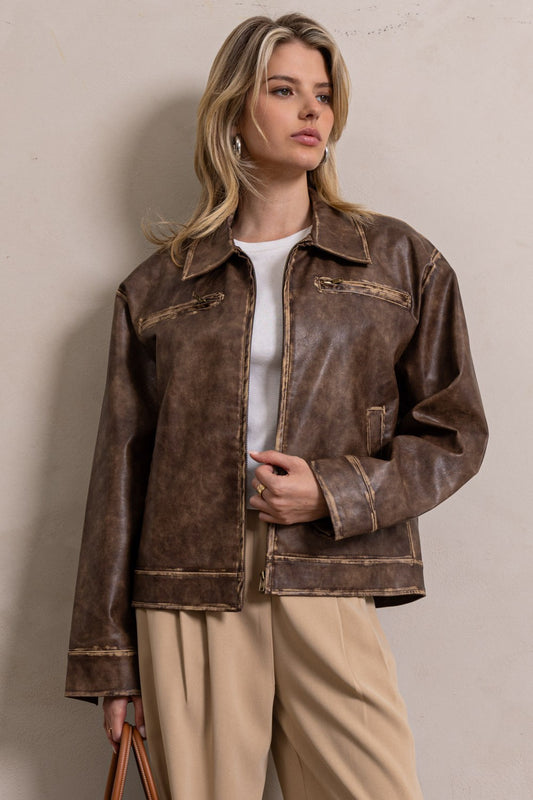 Faded Faux Leather Jacket