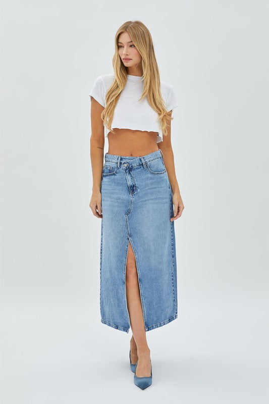 Cross Over Denim Slit Skirt