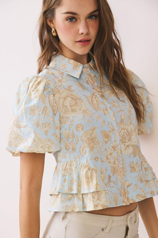 Floral Puff Sleeve Peplum Top