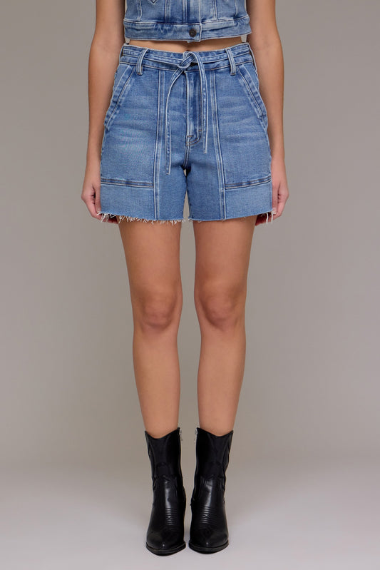 Hidden A-Line Tie Denim Shorts