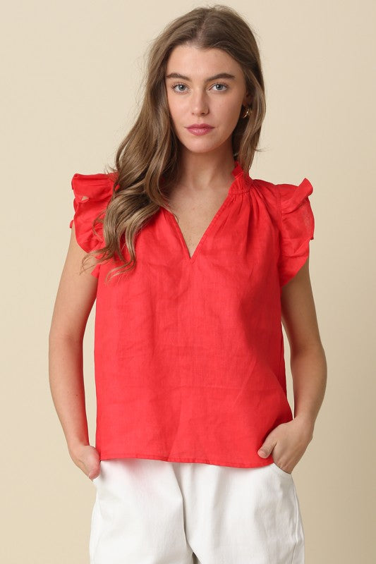Linen Ruffle Sleeve Blouse