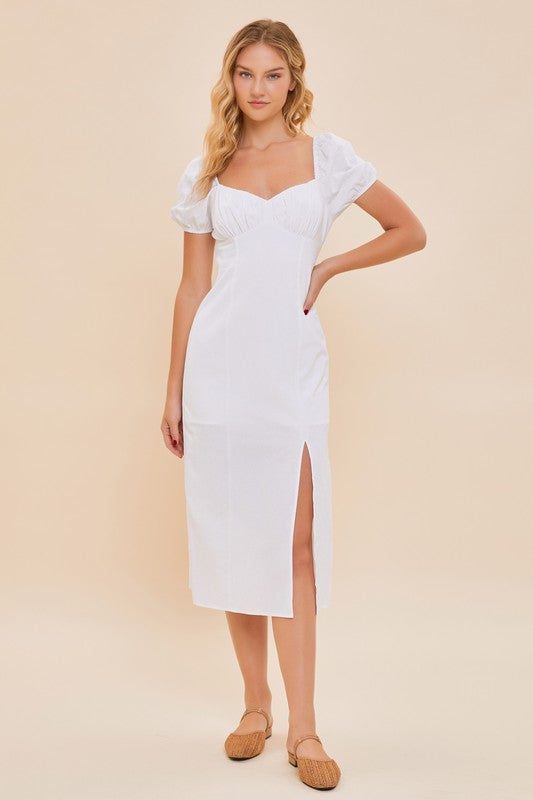 Puff Sleeve Slit Midi Dress