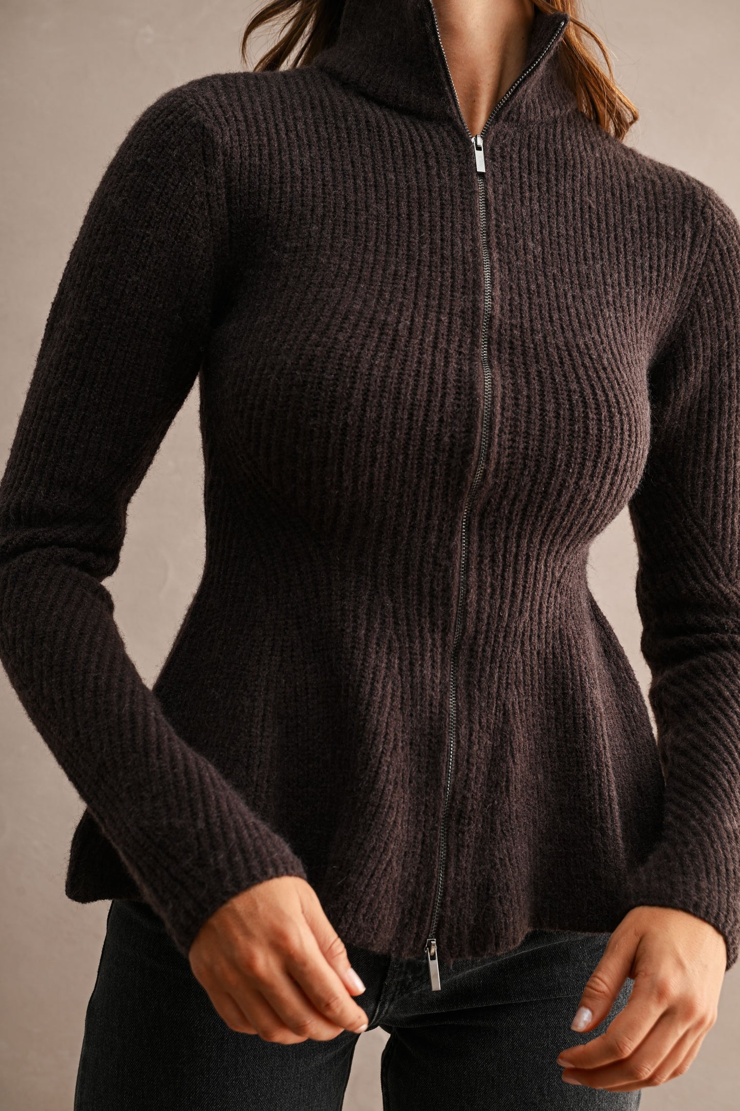 Knit Zip Peplum Cardigan