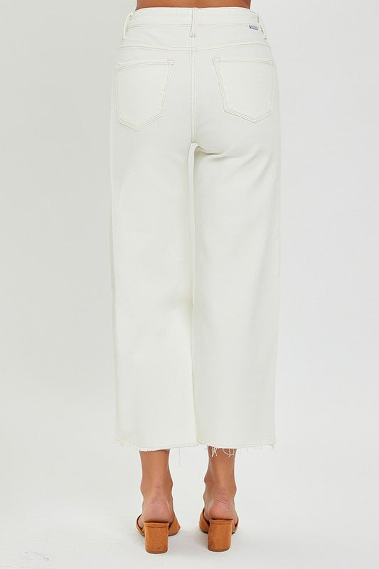 High Rise Cream Raw Hem Jeans