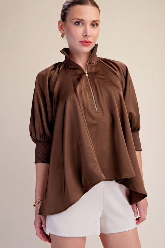 Mock Neck Half Zip Blouse