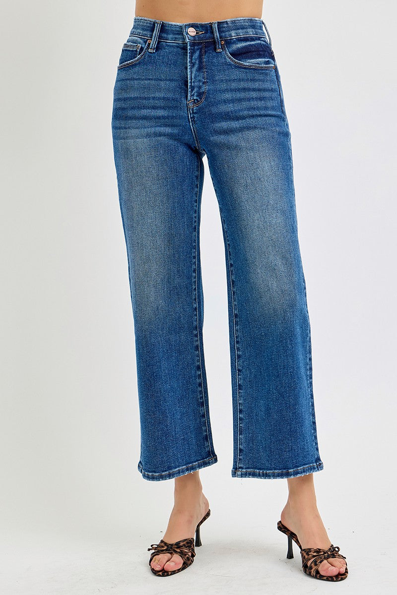High-Rise Dark Crop Wide Jeans