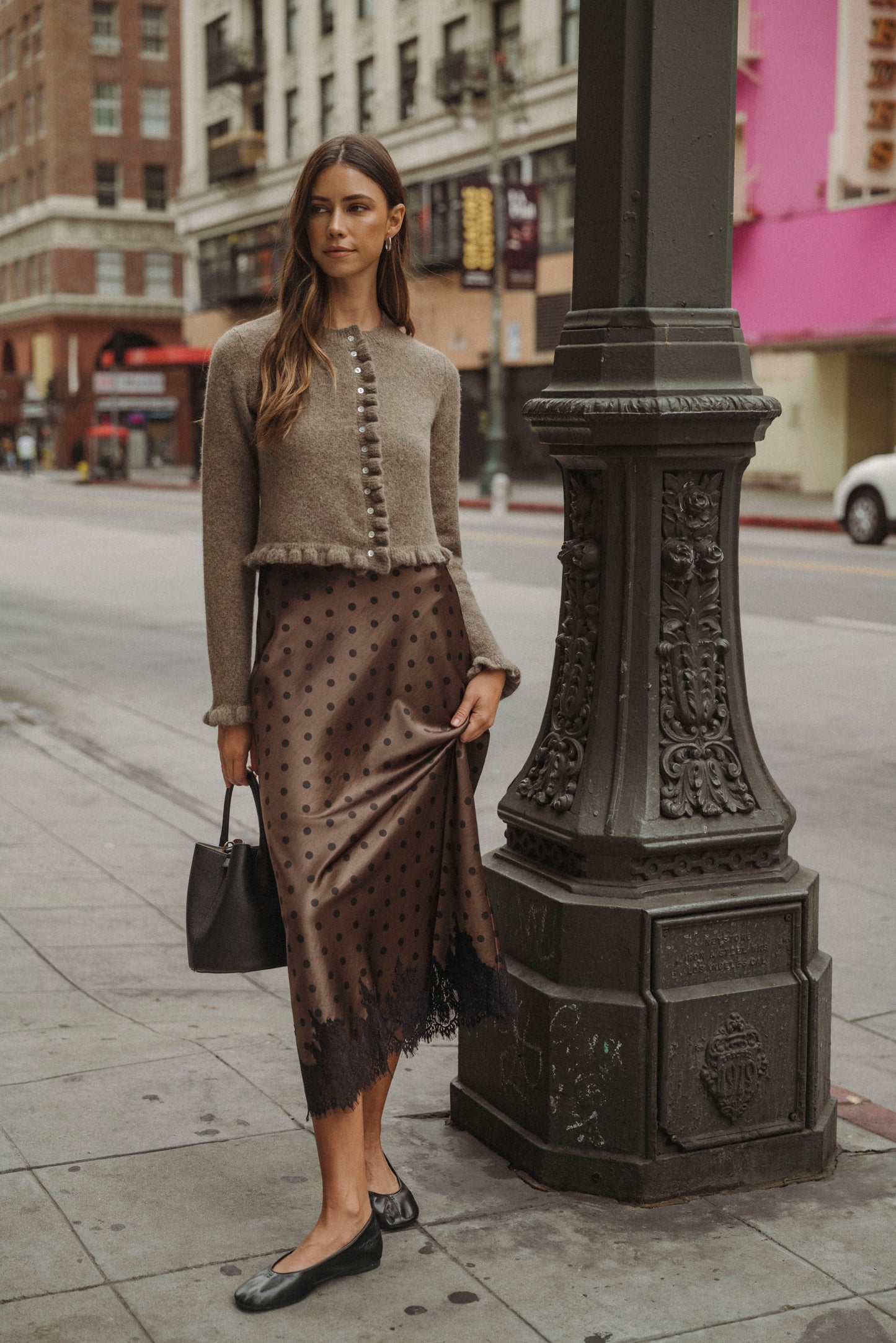 Polka Dot Lace Trim Midi Skirt