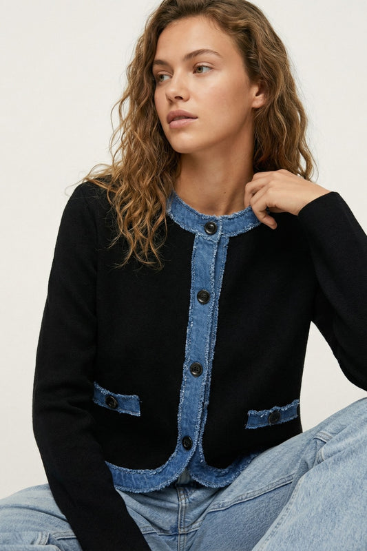 Knit Cardigan with Denim Trim