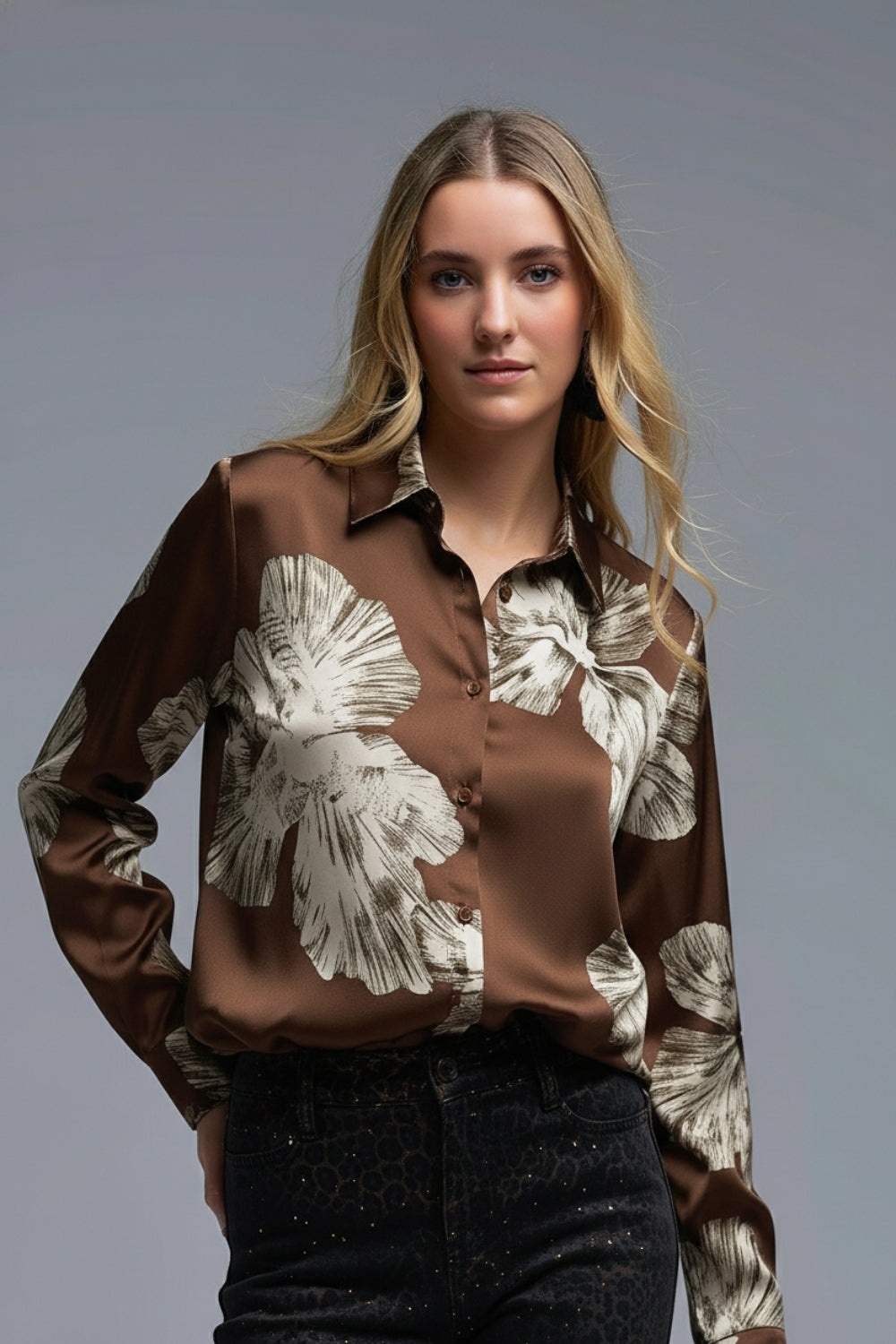 Floral Satin Button-Front Blouse