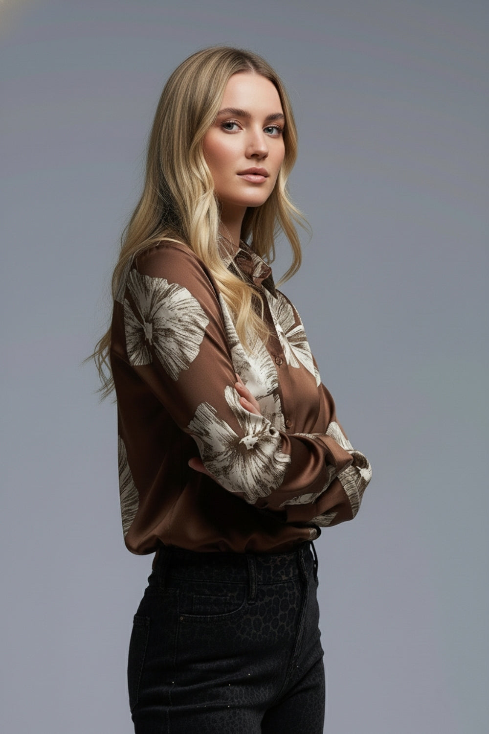 Floral Satin Button-Front Blouse