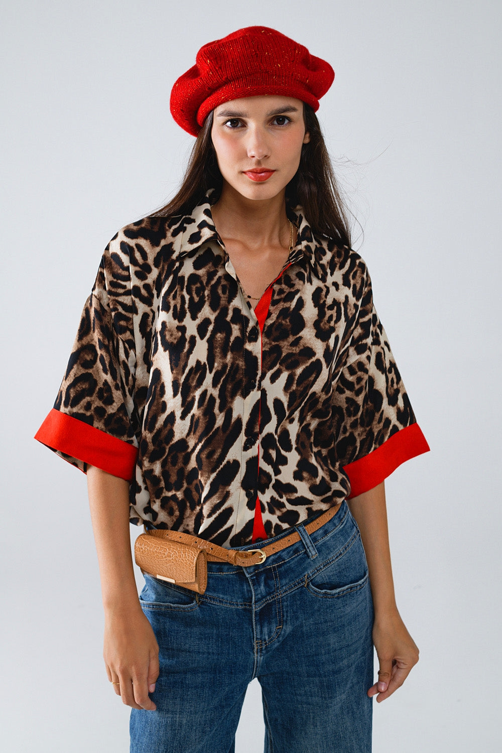 Leopard Contrast Trim Blouse