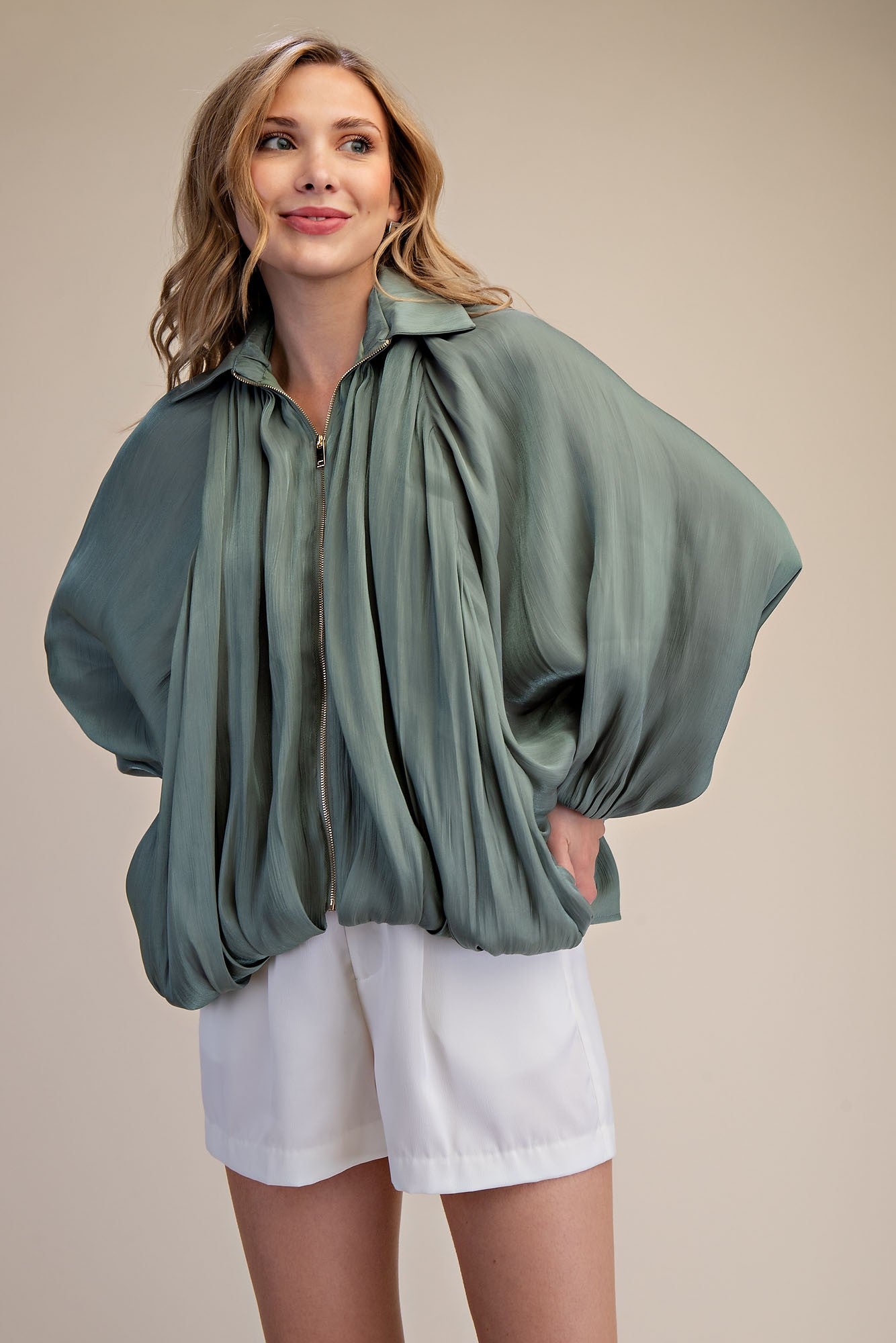 Gathered Hem Puff Bomber Jacket