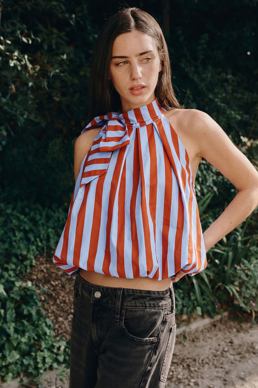 Striped High Neck Tie Balloon Top