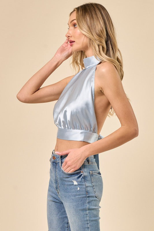 High Neck Back Tied Backless Crop Top