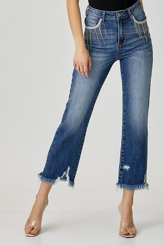 High-Rise Fringe Jeans